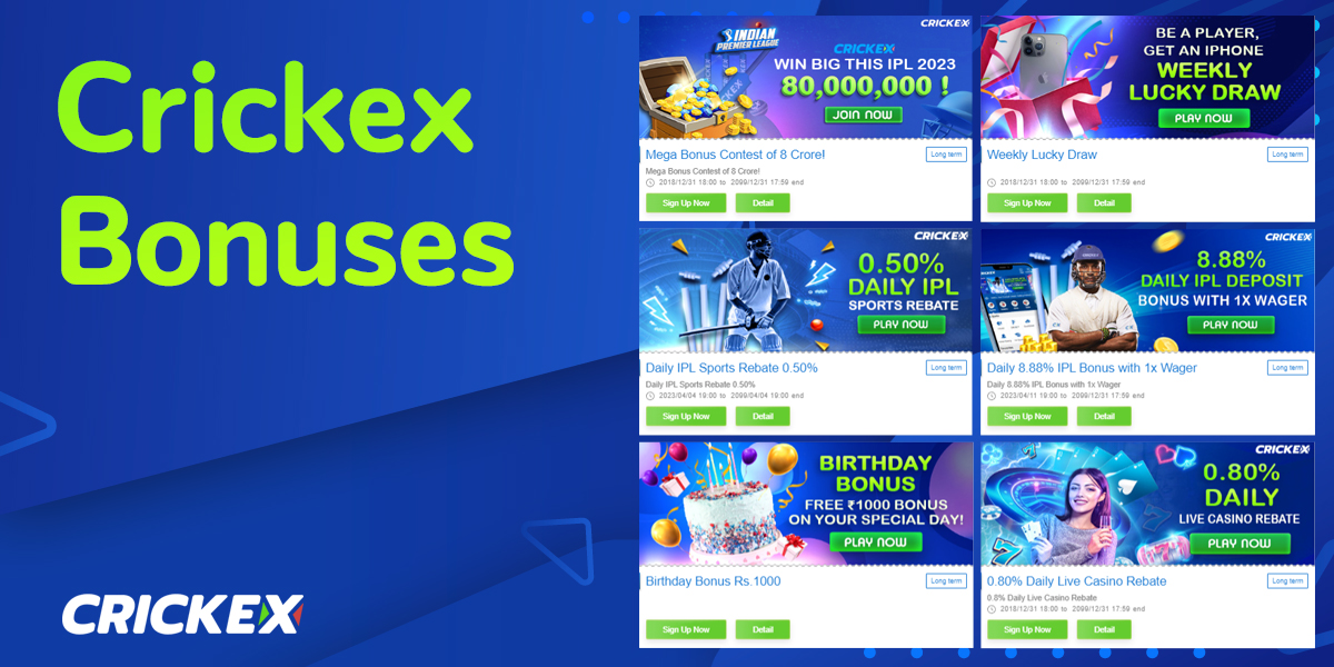 List of Crickex bookmaker bonuses available on the site to users